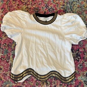 QUEEN OF SPARKLES White and Black Blouse with Puffed Sleeves